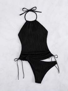 Swim Vcay 女士海滩休闲纯色抽绳纹理面料细肩带露背吊带比基尼上衣适合度假 - 黑色 - 查看 7