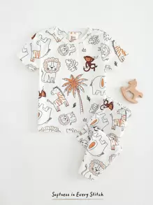 Cozy Pixies 2pcs Baby Boy Snug Fit Pajamas Set, Cartoon Animal Graphic Soft Knit Round Neck Short Sleeve Top And Elastic Waist Long Pants - White - View 1