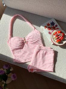 SHEIN EZwear Plus Size Women Summer Vacation Striped Bodycon Backless Camisole Top And Shorts Suit, Suitable For Holiday Wear