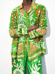 Maija 女式多色数码花卉印花衬衫，前开扣，柔软宽松长袖春季波西米亚休闲衬衫，拼色组合西部风女式 BOHO 圣帕特里克节度假女式花卉