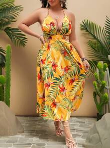 SHEIN VCAY Plus Tropical Print Tie Backless Split Thigh Halter Summer Dress,Beach Dress Sundress,Holiday Outfits Boho - Yellow - View 4