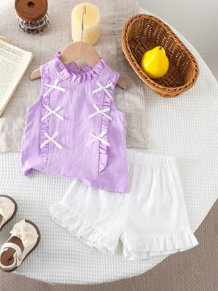 SHEIN Conjunto cómodo y casual de primavera/verano para bebé niña, con lazo, de tela suave y amigable con la piel, apropiado para ocasiones diarias tanto en interiores como en exteriores