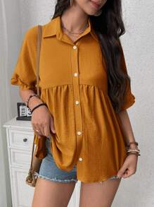 SHEIN Maternity Solid Color Batwing Sleeve Single-Breasted Ruffle Casual Shirt