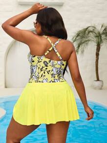 SHEIN Swim Curve Traje de baño una pieza con diseño floral y pliegues para mujer talla grande - Multicolor - Ver 2