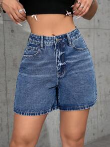 SHEIN ICON Women's Loose Casual Pocket Wide Leg Denim Shorts, Versatile - Medium Wash - View 2