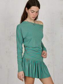 COUREZ Off Shoulder Boat Neck Stripe Long Sleeve Top Spring Summer Tops Going Out Outfits Y2K Vintage