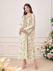 Al Najma Floral Print Contrast Lace Long Trumpet Sleeve Modest Dress