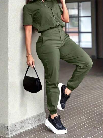 女式标准尺寸休闲短袖连体裤，前拉链，春夏