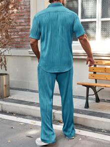 Manfinity Homme 2 件套男士纯色纹理短袖衬衫和裤子休闲装