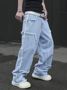 Manfinity EMRG Men's Light Wash Denim Long Jeans With Zipper Details And Frayed Panel Design - Light Wash - View 7