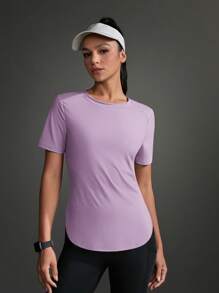 Exploreva 休闲纯色短袖弧形下摆运动服户外T恤健身房女式衬衫