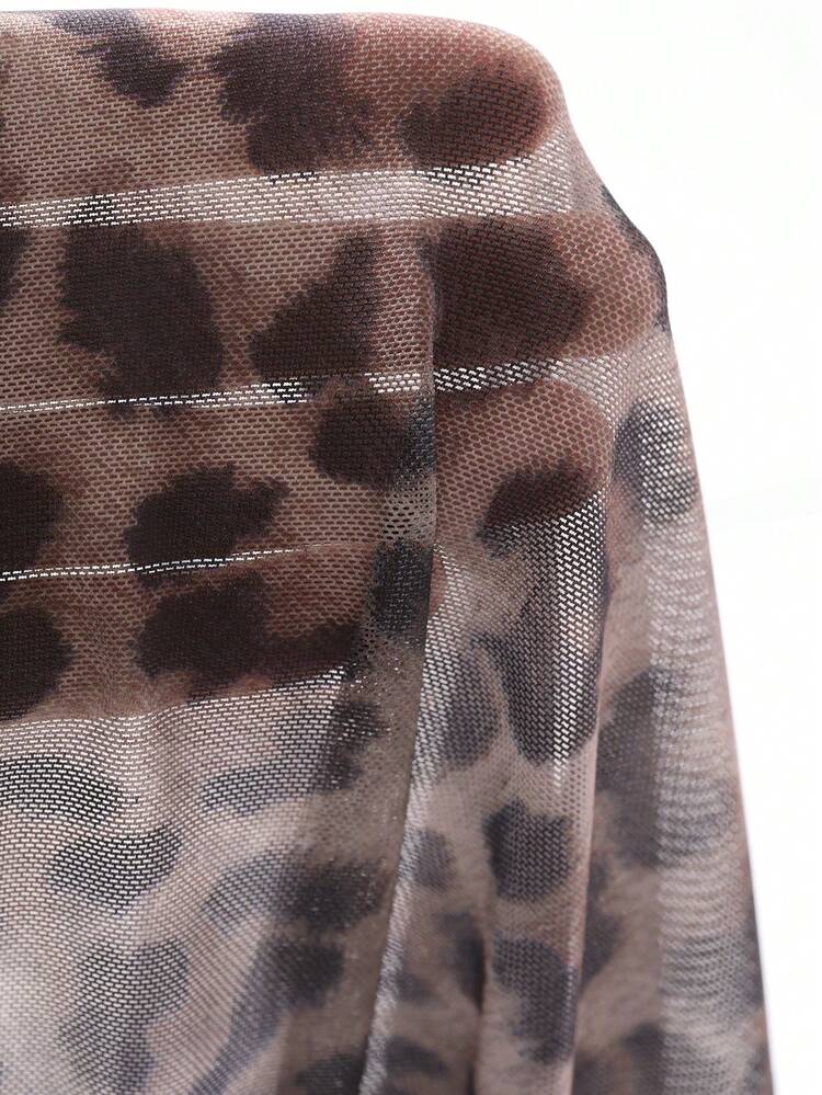 Women's Fashionable Mesh Leopard Print Long Sleeve T-Shirt, Vacation Wear,Fall Women Clothes