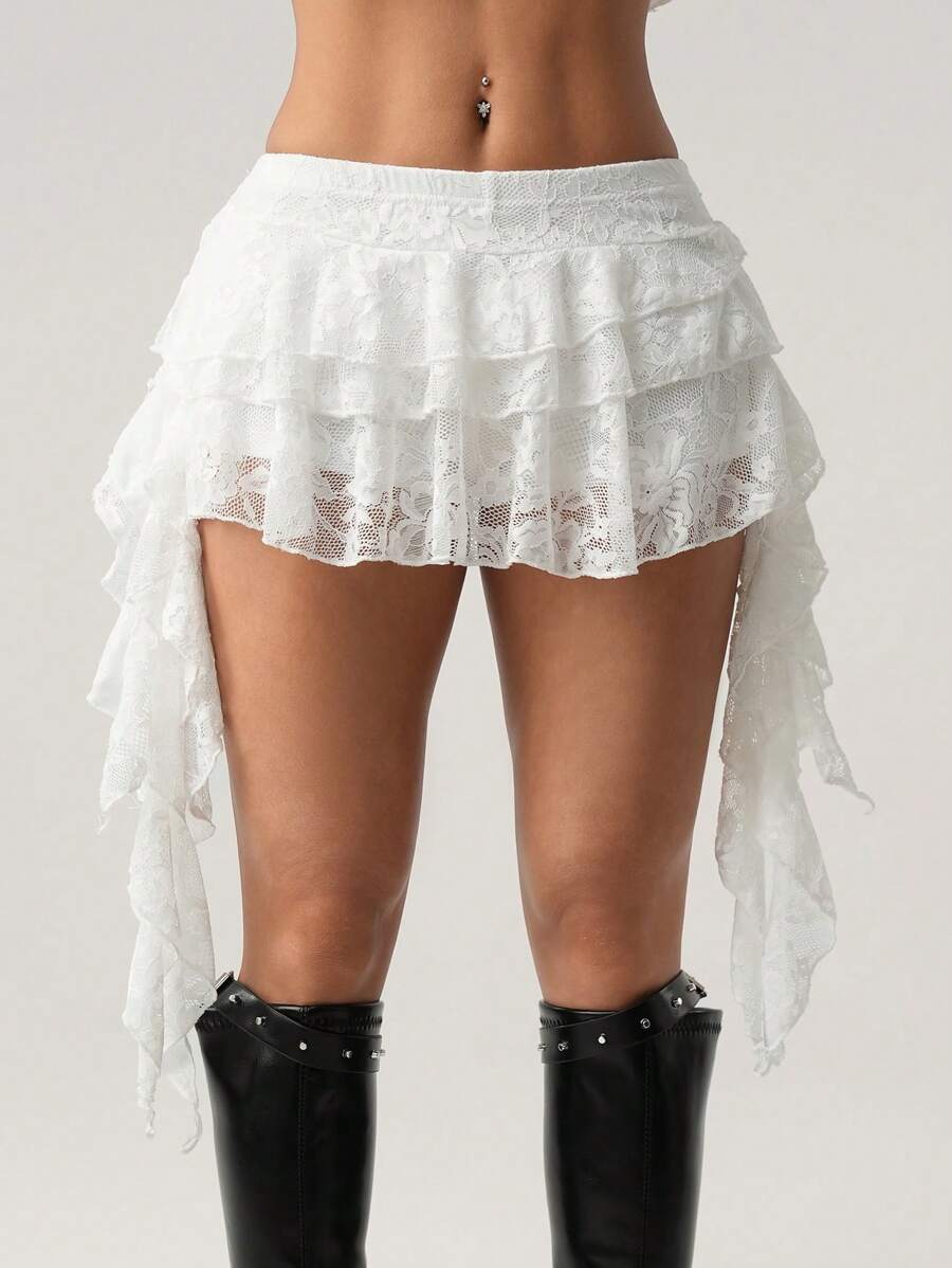 SHEIN ICON Low Waist Vacation Style Casual Sexy White Lace Ruffle Hem Mini Skirt With Safety Shorts To Prevent Exposure
