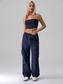 TRNVIE 2pcs Women Solid Color Cropped Tank Top & Camo Cargo Pants Co-Ord Set - Navy Blue - View 4