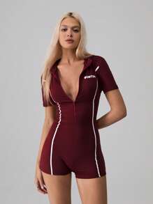 SHEIN Unity Zippered Contrast Trim Printed Bodycon Romper - Burgundy - View 5