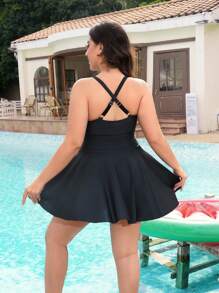 Swim Lushoire Plus Size A-Line Dress Swimsuit Cover Up, Minimalist Style Suitable For Summer Vacation - Black - View 2