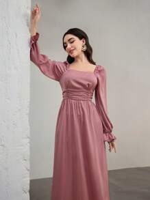 Modelyn 女士纯色甜心领长袖优雅阿拉伯连衣裙，端庄 - 粉色 - 查看 6