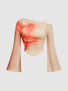 SHEIN MOD Plus Size Yellow Off-Shoulder Mesh 2in1 Trumpet Sleeve Long Sleeve Women's Top Swimsuit With Sleeves Women Clothing Tops Tops With Sleeves Women Dressy Tops Women Plus Tops Women Summer Blouses Women Shirt Work Blouse Women Women Summer Set - Yellow - View 1