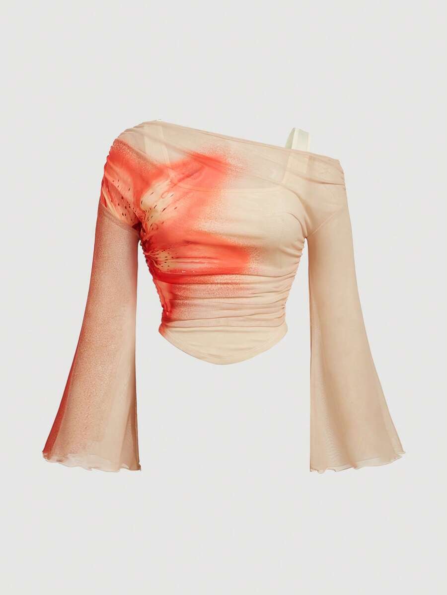 SHEIN MOD Plus Size Yellow Off-Shoulder Mesh 2in1 Trumpet Sleeve Long Sleeve Women's Top Swimsuit With Sleeves Women Clothing Tops Tops With Sleeves Women Dressy Tops Women Plus Tops Women Summer Blouses Women Shirt Work Blouse Women Women Summer Set - Yellow - View 1