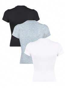 INAWLY Solva Women's Solid Color Crew Neck Short Sleeve Cropped Fitted Casual T-Shirt Fall Cloth For Women - Multicolor - View 3