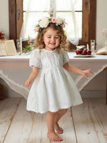 Vintaside Kids Girls' Summer Round Neck Short Sleeve Stylish Fresh Dress, Suitable For Attending Family Gatherings, Parties Or Banquets - White - View 1