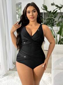 Swim Lushoire 大码女式纯色黑色修身性感聚拢连体泳衣 - 黑色 - 查看 3