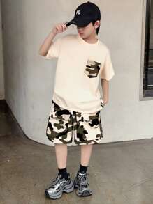 SHEIN 2pcs Boys Casual Loose Camo Pockets Patchwork Short Sleeve T-Shirt And Multi-Pocket Cargo Shorts Set - Multicolor - View 1