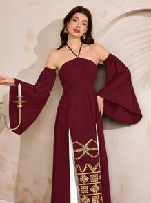 Al Najma 女士优雅拼色拼接几何刺绣露肩吊带喇叭袖阿拉伯风格连衣裙 - 酒紅色 - 查看 2