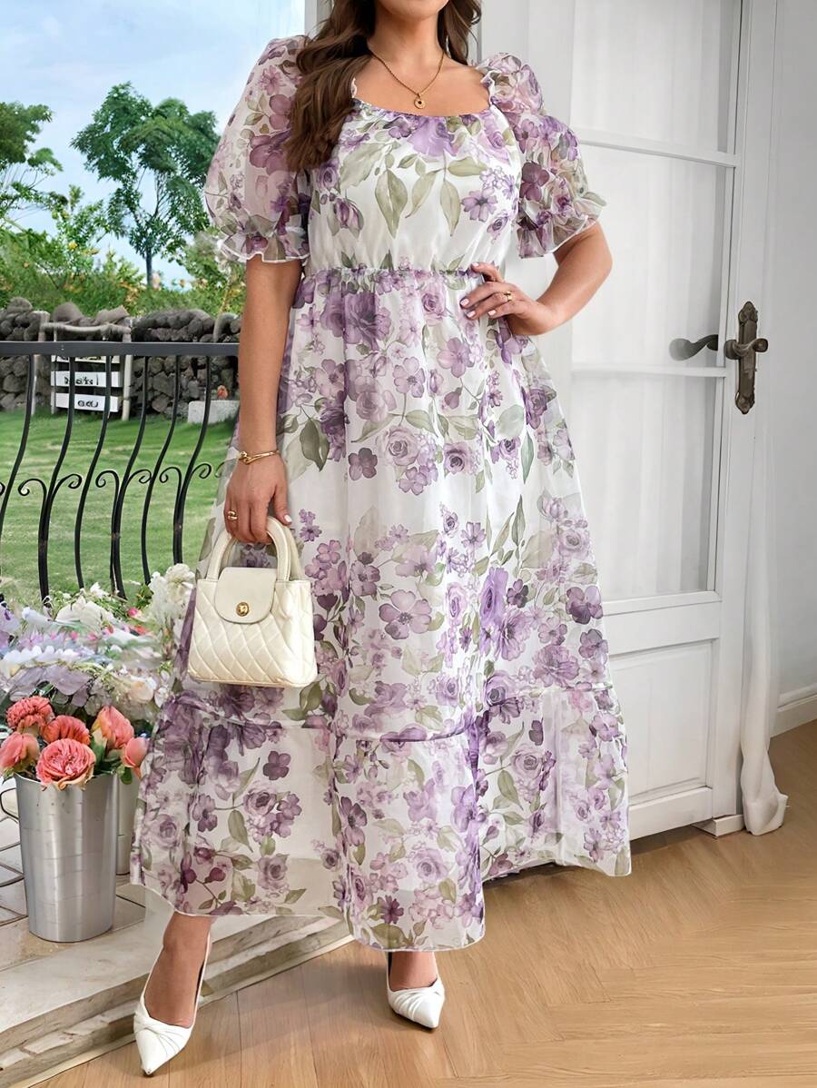 SHEIN Clasi 大码浅紫色浪漫优雅方领泡泡袖荷叶边下摆花裙，浅紫色连衣裙，女士夏季服装，女士节日服装，女士婚礼宾客礼服，婚礼宾客礼服，女士复活节礼服，生日礼服，夏季礼服，毕业礼服，女士花裙，飘逸礼服，春假礼服，毕业礼服，女士礼服，优雅礼服，女士优雅礼服，女士春季礼服，春季礼服，女士春季礼服，女士服装夏季礼服 - 淡紫色 - 查看 1
