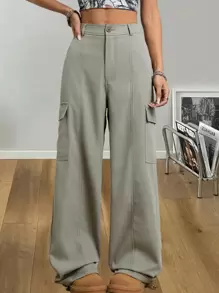 SHEIN EZwear 女式春夏 Y2K 时尚街头装工装绿色带口袋宽腿宽松降落伞裤 - 薄荷綠 - 查看 7