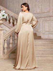 SHEIN Belle Vestido de dama de honor elegante y sencillo con mangas abullonadas y talle superpuesto en gris-verde para tallas grandes - Albaricoque - Ver 3