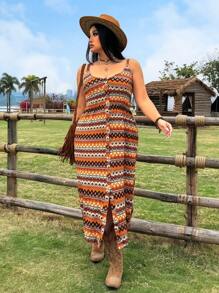 SHEIN EZwear Casual Romantic Vacation Style Striped V-Neck Sling Hem Slit Maxi Dress, Spring/Summer