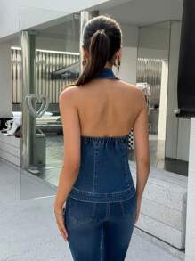 SHEIN EZwear 女士无袖牛仔夹克，简约时尚，适合夏季 - 藍色 - 查看 2