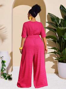 Slaydiva Plus Size Fitted Belted Jumpsuit, Pink, Slimming Top And Bottoms, Vacation & Elegant Casual, Spring/Summer - Hot Pink - View 2