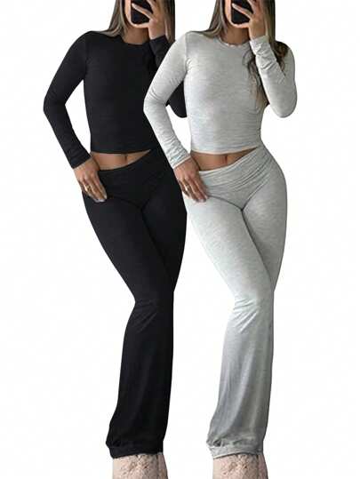 INAWLY Solva Set de 2 piezas Blusa de cuello redondo de unicolor de manga larga y pantalones acampanados para mujer, conjunto casual