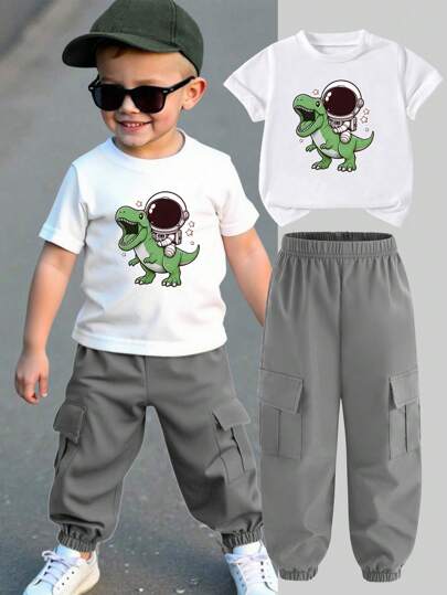 SHEIN 年轻男孩简约纯色抽绳腰短袖 T 恤和裤子套装，夏季时尚