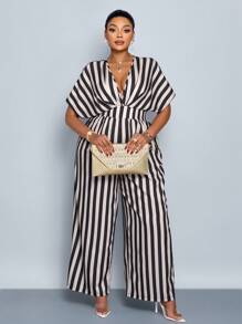 SOLERSUN 女士优雅条纹印花蝙蝠袖系带连体裤 - 黑色 - 查看 6