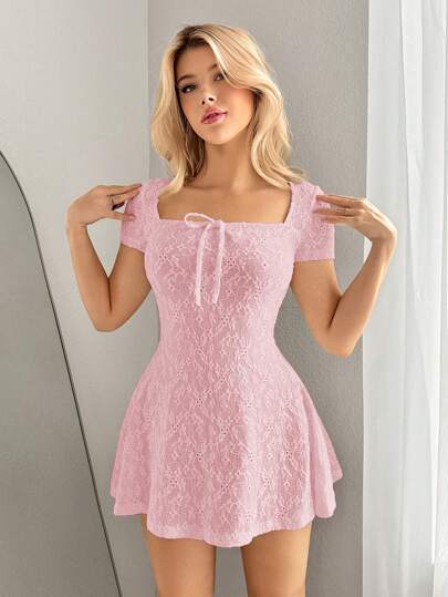 Sweetina Women Square Neck Short Sleeve Mini Y2K Dress, Plain White Color, Spring/Summer,Rave Outfits Festival