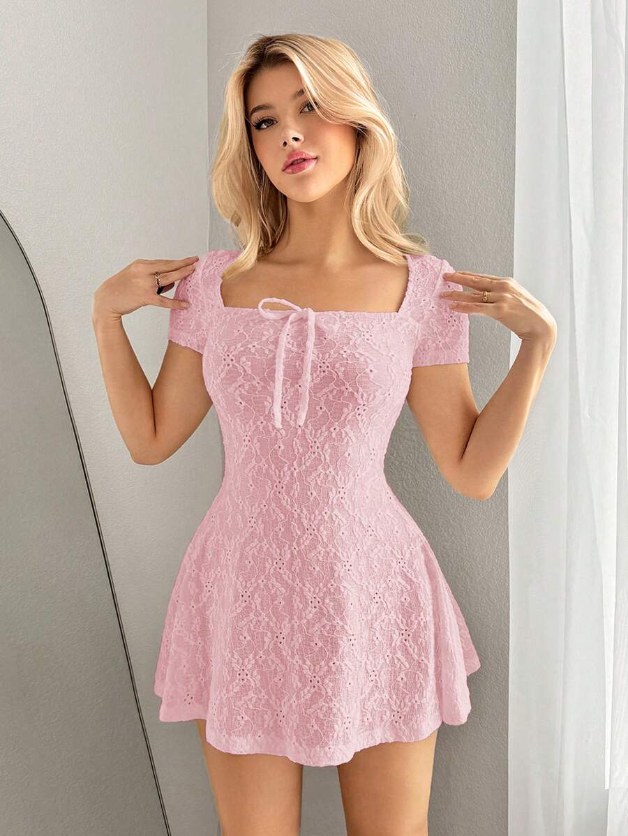 Sweetina 女士方领短袖迷你 Y2K 连衣裙，纯白色，春夏 - 粉色 - 查看 1