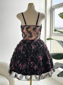 Flirla Đầm lưới in họa tiết gợn sóng cỡ lớn gợi cảm hàng ngày thanh lịch cho nữ - màu đen - Xem 5