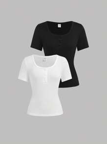 2pcs Teen Girl Minimalist Black And White Round Neck Short Sleeve T-Shirts - Multicolor - View 1