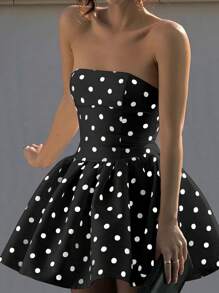 Vestido corto de línea A con estampado de lunar blanco, halter y lazo en la cintura - Negro - Ver 3