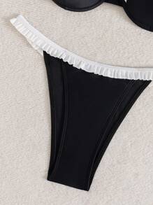 SHEIN 2 pièces Ensemble de bikini avec nœud à effet bicolore noir et blanc, volants élégants pour vacances à la plage pour femmes