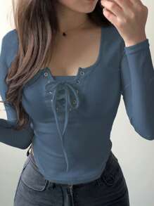 DAZY Women's Lace-Up Solid Color T-Shirt, Simple & Fashionable For Summer