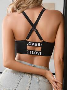 1pc Seamless Letter Print Backless Criss-Cross Strap Wireless Bra For Women - Black - View 6
