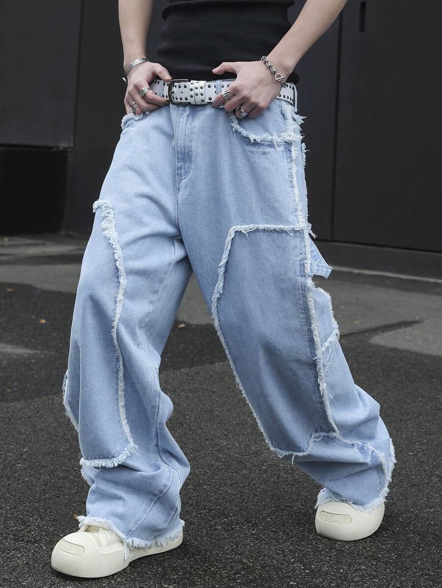 Manfinity EMRG Men's Light Wash Denim Long Jeans With Zipper Details And Frayed Panel Design - Light Wash - View 1