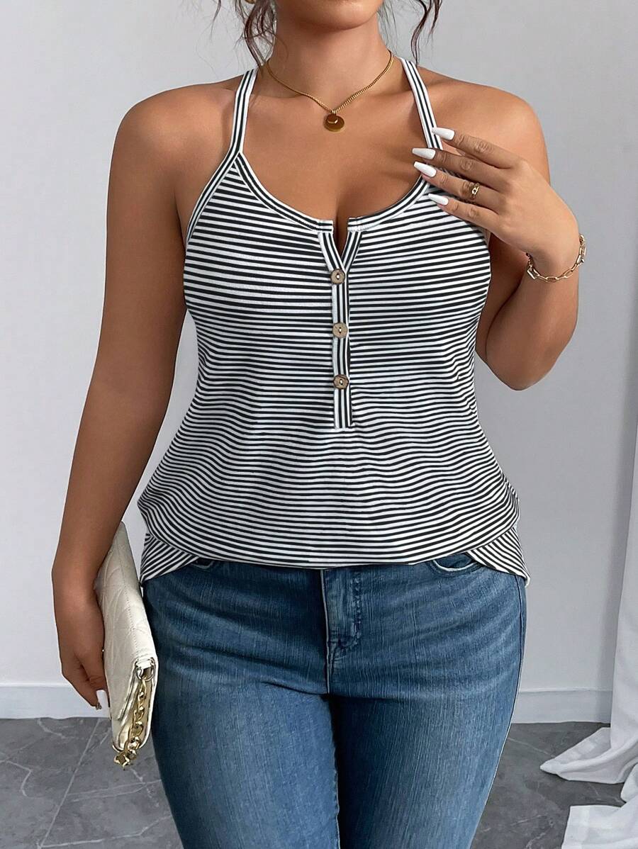 SHEIN LUNE Canotta da donna aderente a costine a righe di taglia forte con bretelle regolabili, stile casual da vacanza, modellante e che smagrisce, con dettaglio di chiusura a bottone sul retro, adatta per l'estate