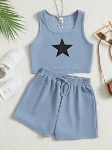 Tween Girls 2Pcs Set Solid Ribbed Knit Star Embroidered Cami Top & Casual Shorts, Daily Outfit, Fashionable Outside Wear, Back To School - Blue - View 1