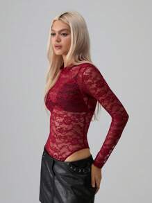 TRNVIE Ladies' Simple & Versatile Lace Bodysuit For Holiday Party Clothes Fall Cloth For Women - Burgundy - View 4