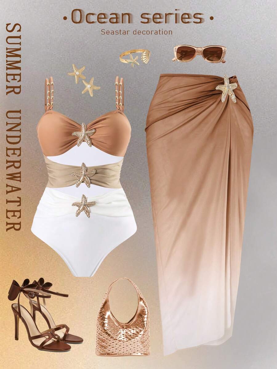 Swim Oasis 1 件/2 件大码女式连体泳衣和裙子套装，金属海星装饰简约设计服装，适合日常穿着、度假和海滩、夏季 - 彩色 - 查看 1